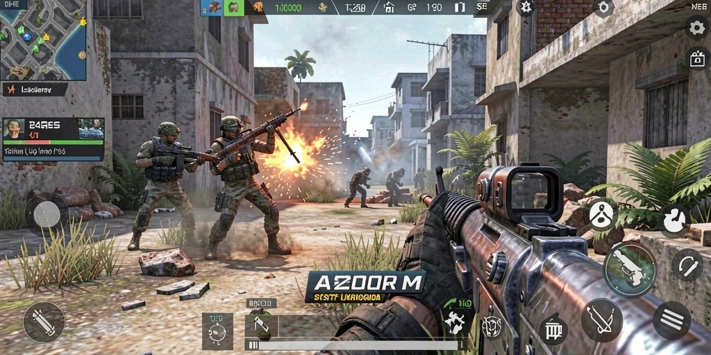 Tangkapan layar gameplay A200M menunjukkan aksi mendebarkan dalam pertempuran FPS.