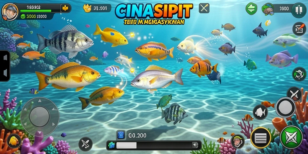 Screenshot gameplay CINASIPIT dengan beragam ikan dan senjata.