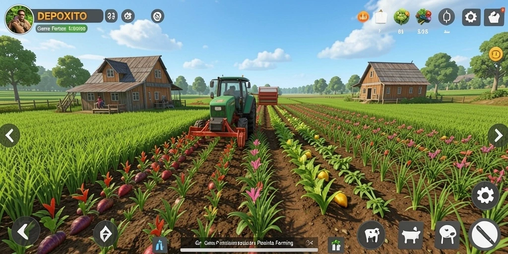 Gameplay DEPOXITO yang menampilkan kebun yang subur dan beragam tanaman.