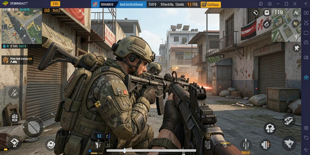 Tangkapan layar gameplay <strong>DEWANAGA77</strong> menampilkan pertempuran intens dengan berbagai karakter dan senjata.