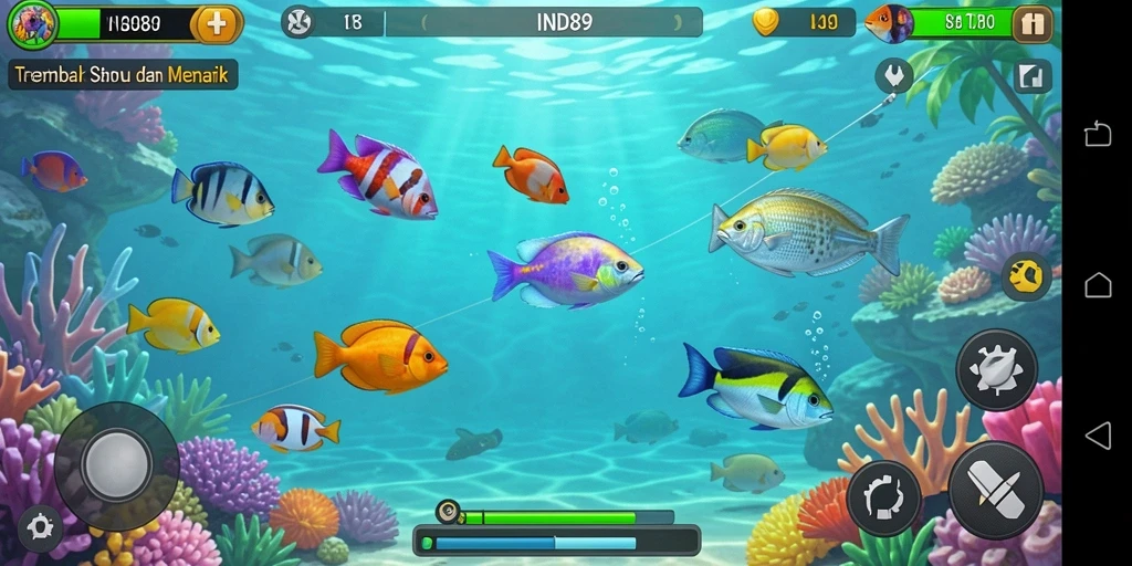 Tangkapan layar gameplay IND89 dengan aksi menangkap ikan yang seru.