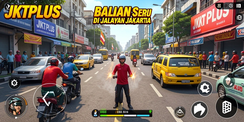 Screenshot utama JKTPLUS menampilkan aksi balap seru di jalanan Jakarta.