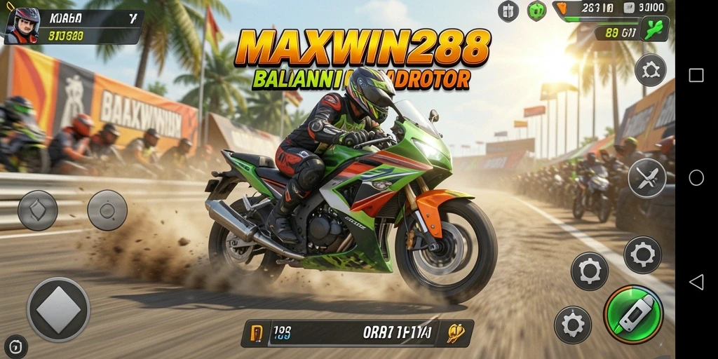 Screenshot gameplay MAXWIN288 dengan balapan motor yang intens.