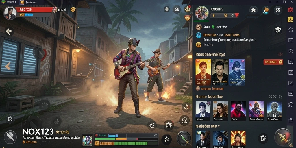 Screenshot gameplay NOX123 menampilkan antarmuka sederhana dan fitur lirik.