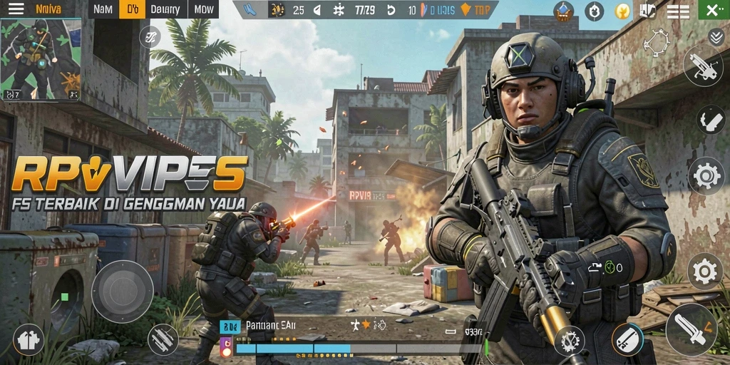 Tangkapan layar menunjukkan aksi intens dalam permainan FPS RPVIP5.