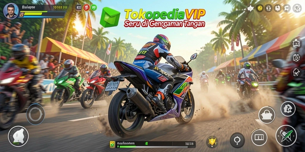 Tampilan gameplay seru dalam balapan motor di TOKOPEDIAVIP.